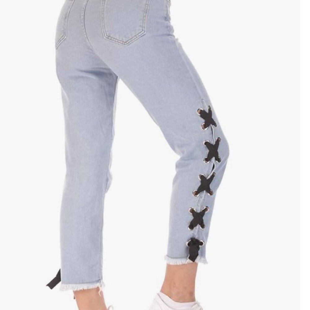 Light Wash Mid Rise Straight Leg Ankle Jeans with Side Lace-Up Detail